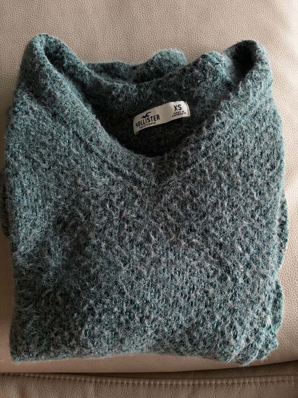 Hollister Teal Fluffy Eyelash Knit V-Neck Sweater